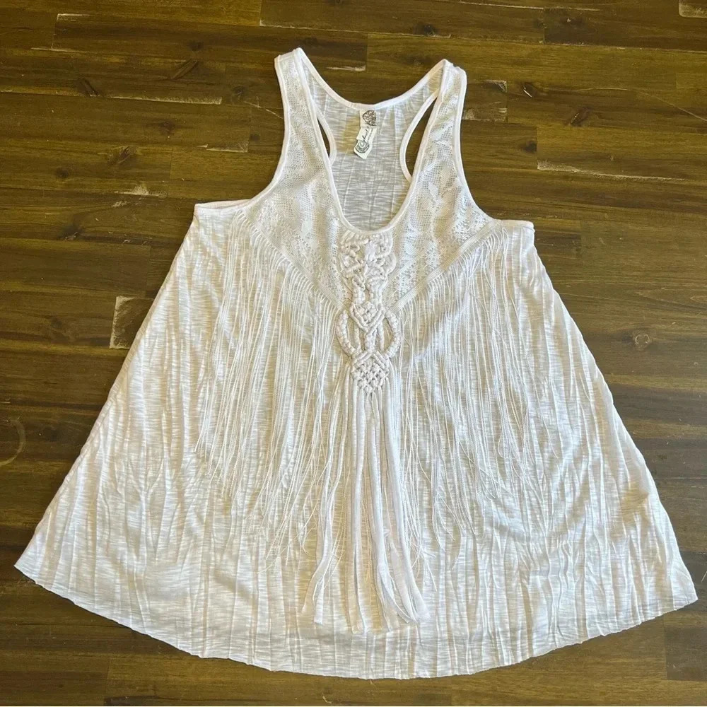 Free People Macrame Fringed Racerback White Tank Top